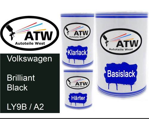 Volkswagen, Brilliant Black, LY9B / A2: 500ml Lackdose + 500ml Klarlack + 250ml Härter - Set, von ATW Autoteile West.